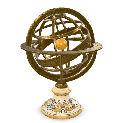 Sfera armillare di ottone: anelli incrociati attorno a un piccolo globo centrale, su un piedistallo tornito di maiolica bianca decorata in cobalto e zafferano.