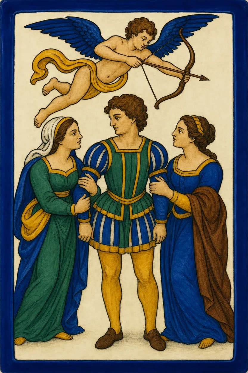 Un giovane sta fra due donne che gli tengono ciascuna un braccio, e sopra di loro una figura alata tende un arco.