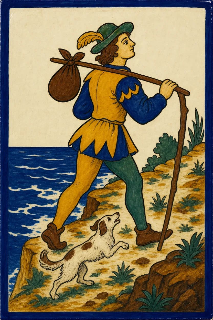 Un viandante cammina su un sentiero a picco sul mare con un fagotto legato a un bastone sulla spalla e un cane ai piedi.
