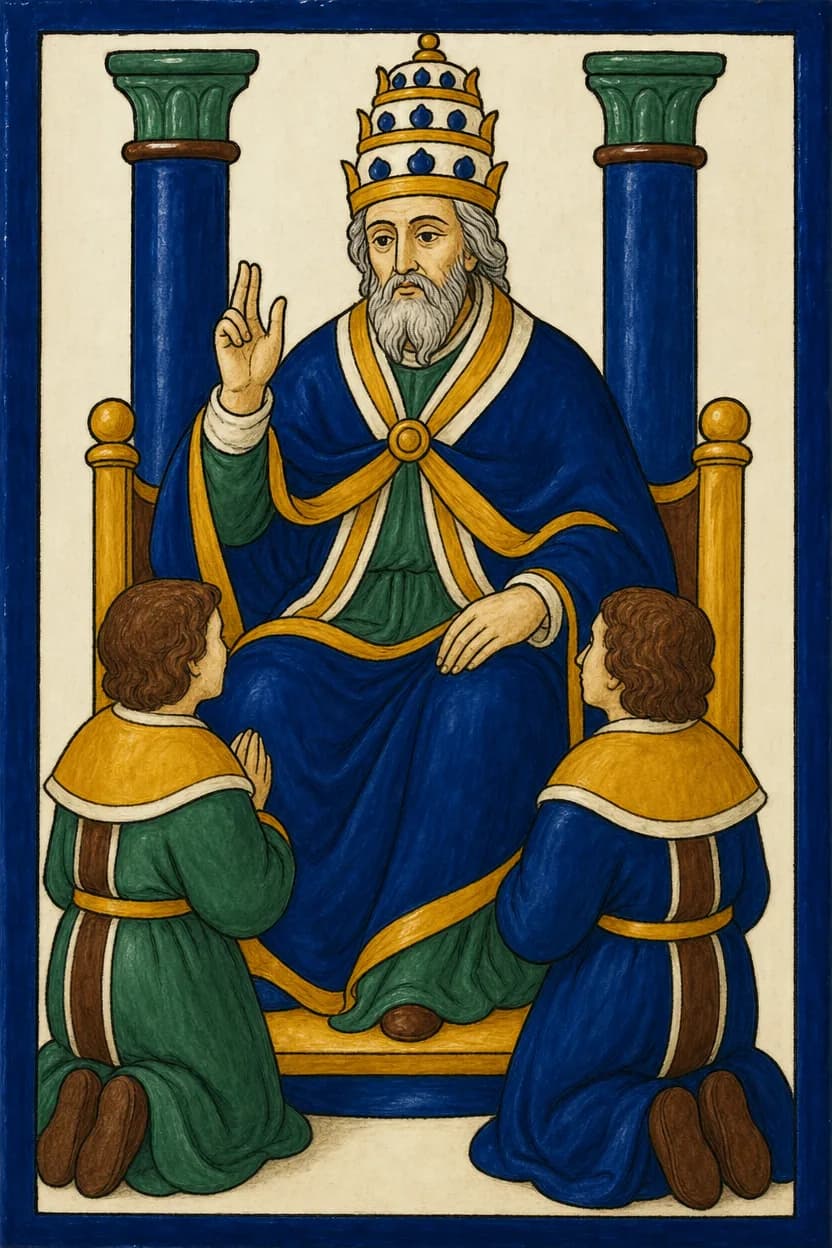Una figura con la tripla corona alza una mano in benedizione, due figure piu’ piccole inginocchiate davanti, due colonne dietro.