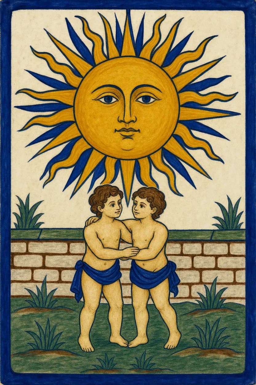 Un grande sole con un volto umano sopra un muretto basso, e sotto due bambini in piedi insieme all’aperto.