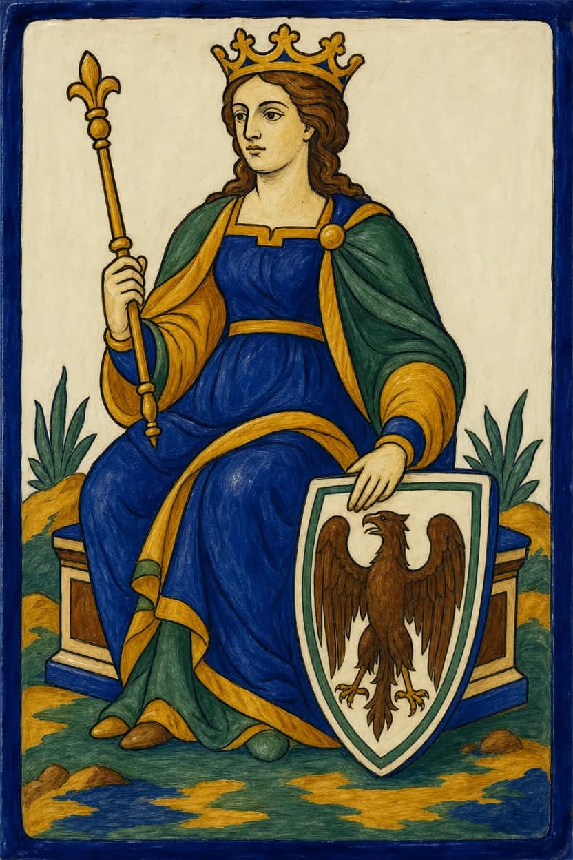 Una donna incoronata siede all’aperto su un trono basso, uno scettro in mano e uno scudo con l’aquila appoggiato al ginocchio.