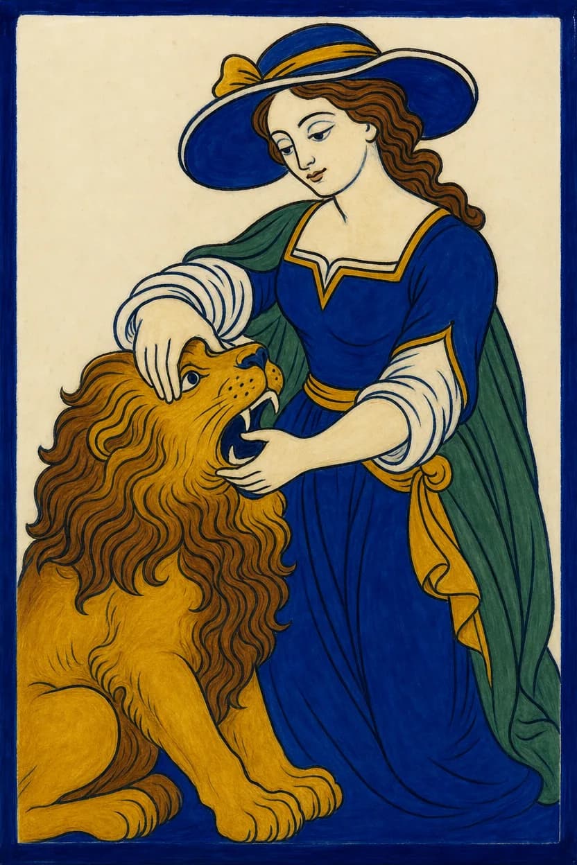 Una donna dal cappello largo chiude le fauci di un leone a mani nude, senza sforzo e senza violenza.