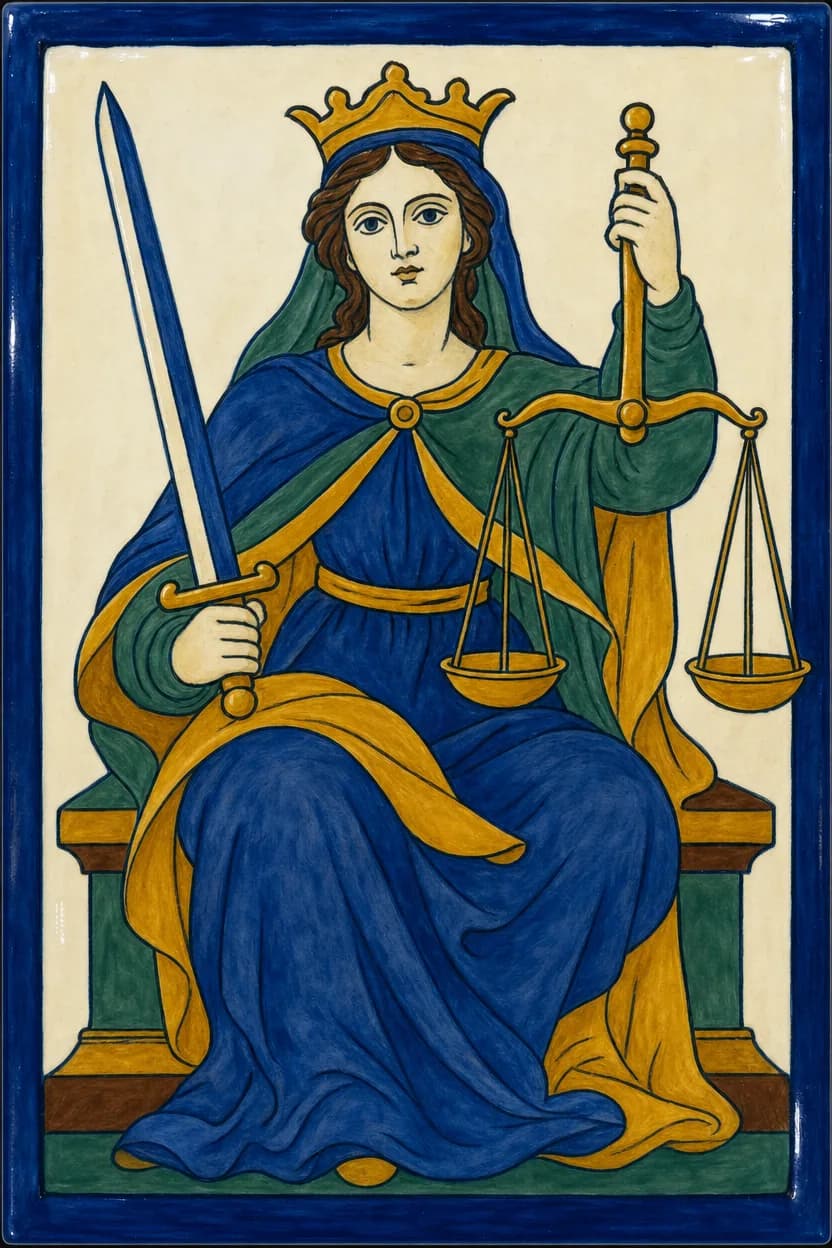 Una donna seduta regge una bilancia dritta in una mano e una spada nell’altra, lo sguardo rivolto in avanti.