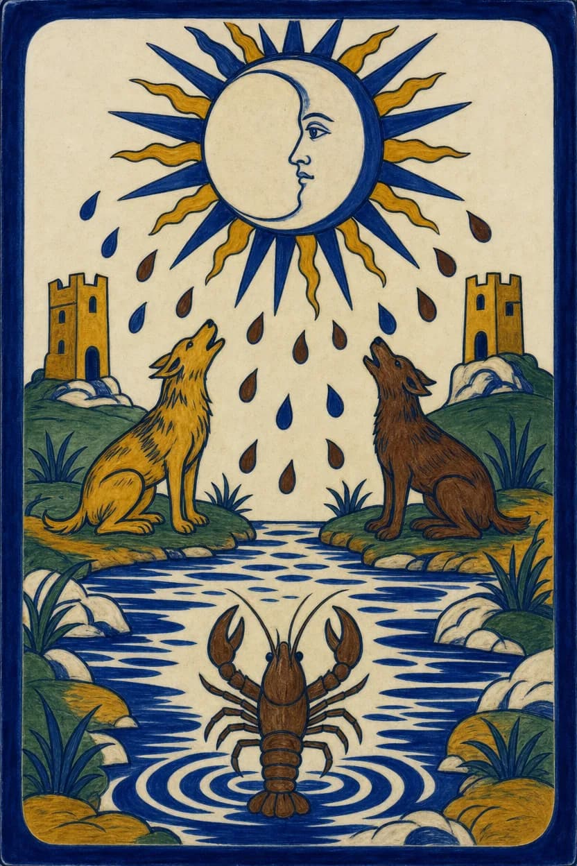 La luna alta su uno stagno fermo di notte, due cani che le abbaiano dalle due rive e un gambero che risale dall’acqua.
