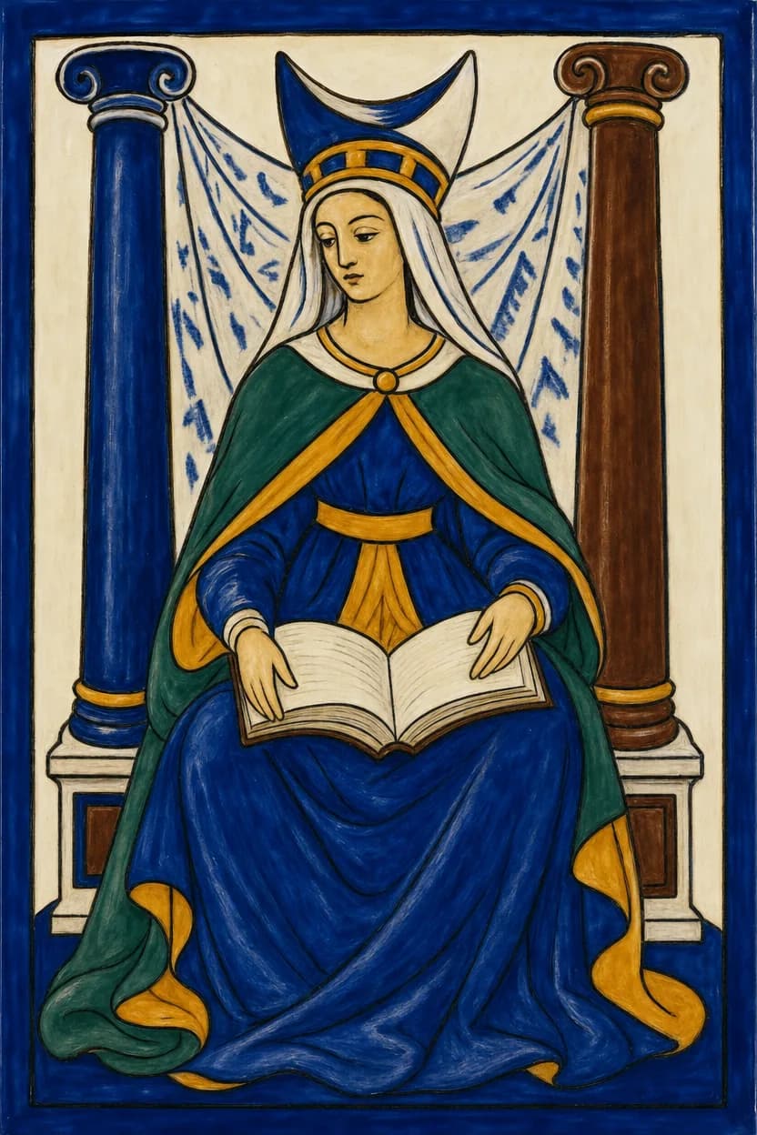 Una donna seduta con un alto copricapo tiene un libro aperto sulle ginocchia, dietro di lei un velo teso fra due colonne.