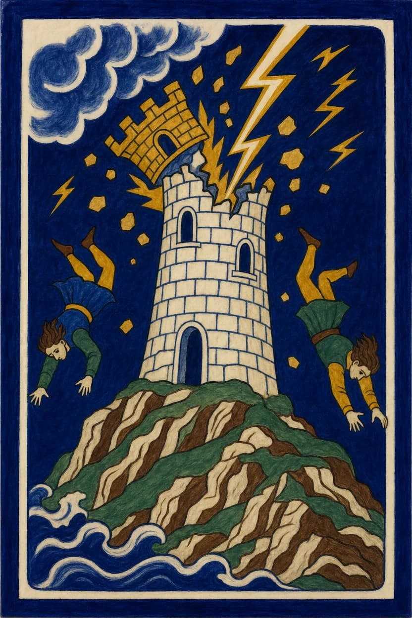 Una torre di pietra su un promontorio colpita dal fulmine di notte, la cima che si stacca e due figure che precipitano.