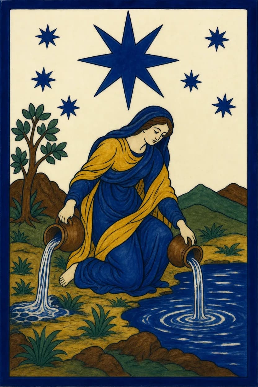 Una donna inginocchiata sul bordo di una sorgente di notte versa acqua da due brocche, una stella grande sopra di lei e sette piu’ piccole intorno.