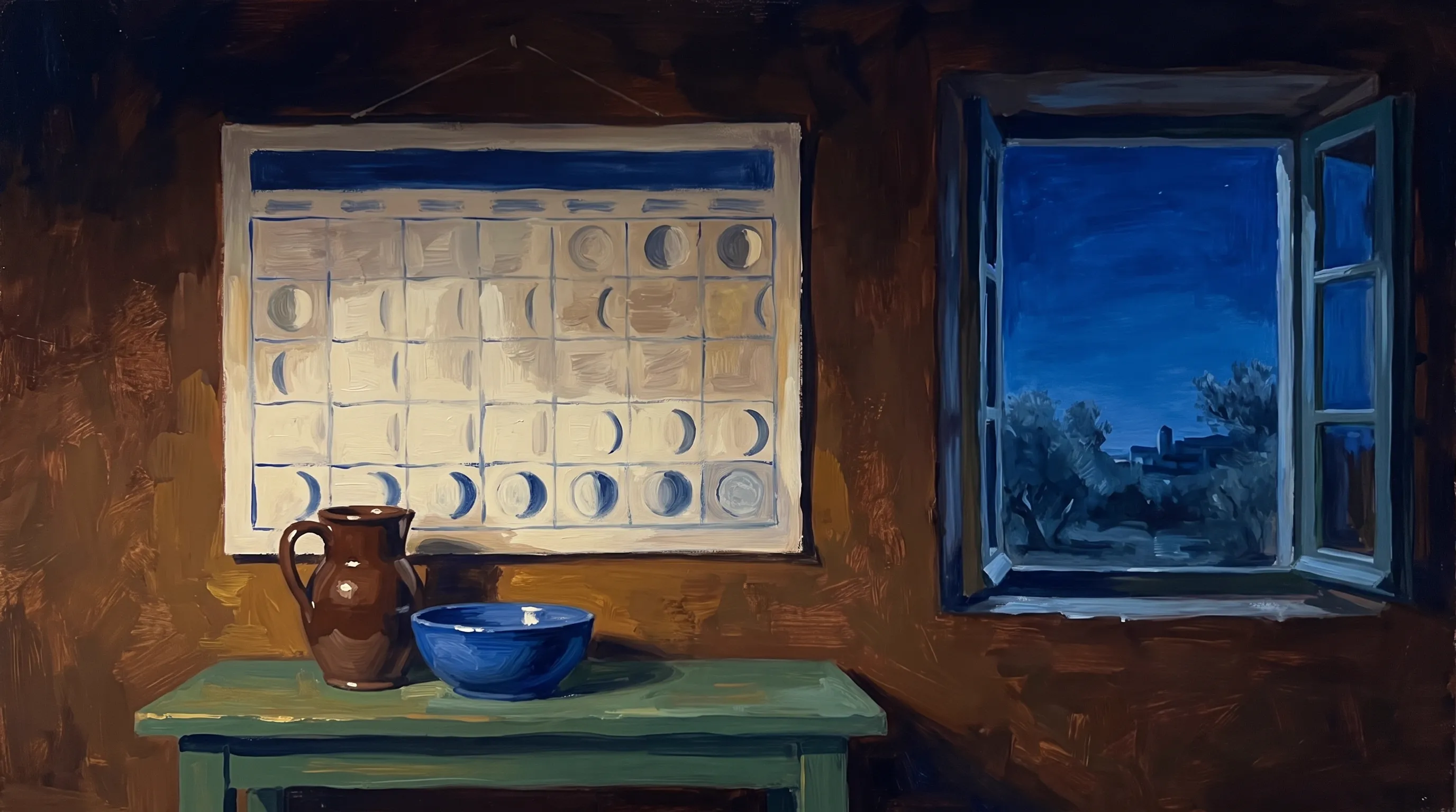 Un calendario lunare appeso in una cucina buia di notte, i giorni del mese visibili ma non leggibili, una brocca e una scodella sul tavolo sotto.