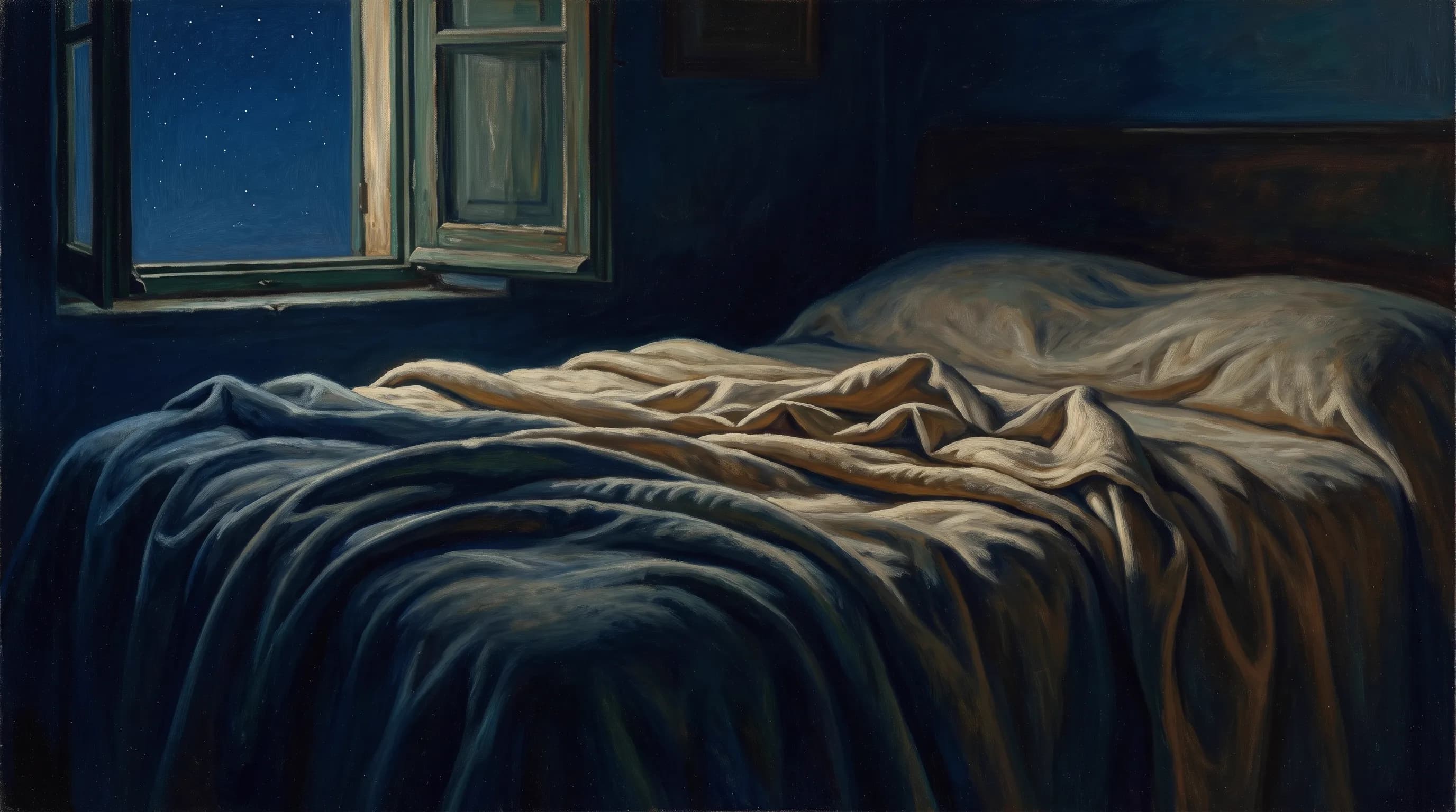 Un letto visto dai piedi in una stanza buia, le coperte in pieghe lente, nessuno dentro. Una finestra aperta sulla notte.