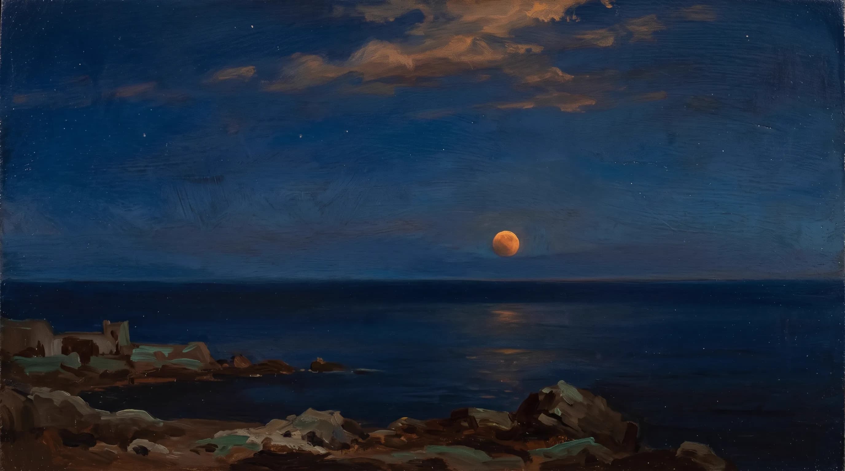 Un’eclissi di luna bassa sull’orizzonte del mare, la luna rossastra e spenta, il cielo intorno ancora profondo, l’acqua che non tiene quasi luce.