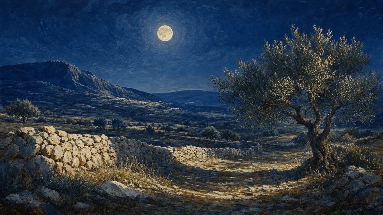 La luna piena alta su un paesaggio notturno di colline basse, muretti a secco e un albero solo, tutto sotto di lei argentato e leggibile.