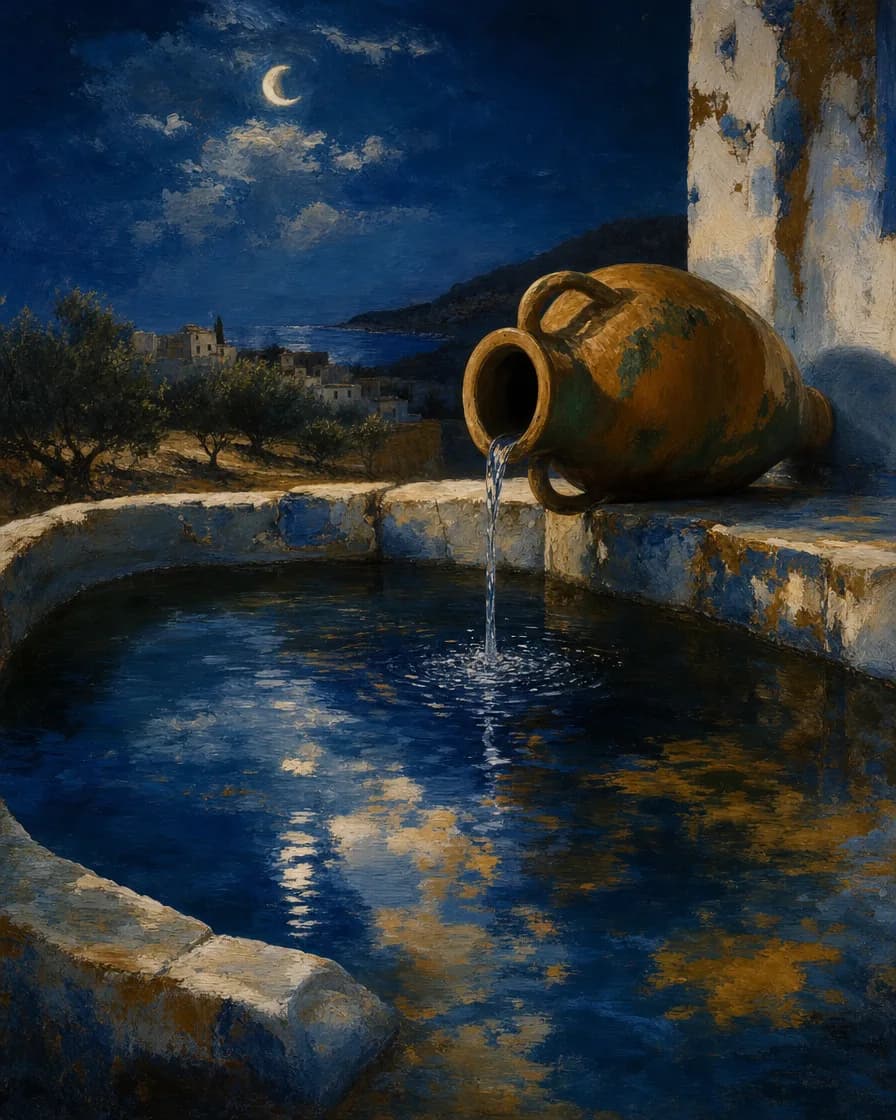Un’anfora di terracotta inclinata sul bordo di una vasca di pietra, che vi versa dentro una corda sottile di acqua. Nella vasca si riflette il cielo.