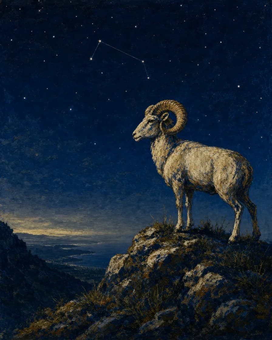 Un ariete fermo su un crinale roccioso nell’ultimo buio prima dell’alba, la valle sotto ancora spenta.