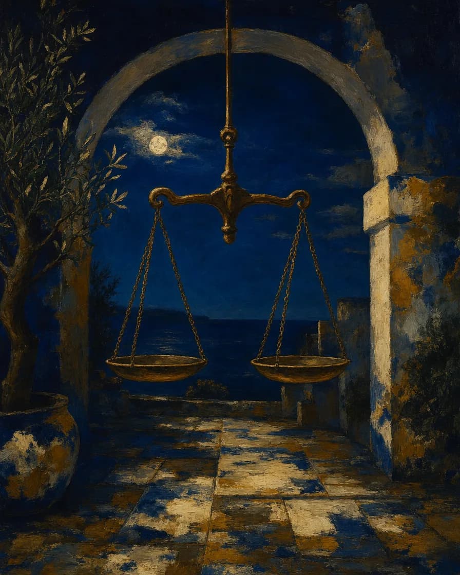 Una bilancia di bronzo appesa e immobile nell’aria notturna di un cortile vuoto. I due piatti non portano niente.