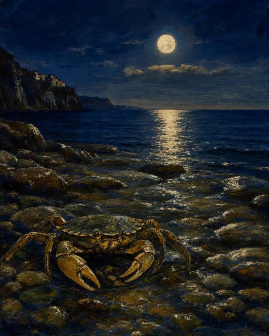 Un granchio sulle pietre bagnate della battigia, il mare nero e fermo dietro, la luna piena che apre una strada di luce sull’acqua.