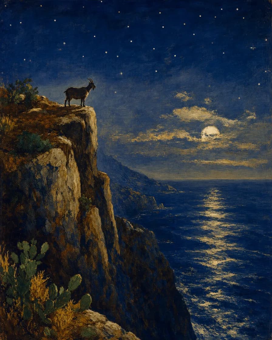 Una capra ferma sul ciglio di una falesia sul mare, piccola contro il salto, l’acqua che si muove piano molto piu sotto.