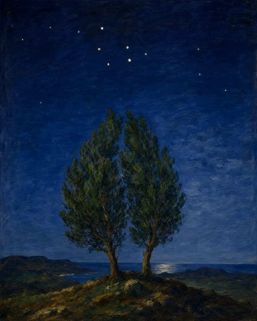 Due giovani pioppi cresciuti accanto su un crinale notturno, uno appena piegato verso l’altro. Sopra, le stelle dei Gemelli.