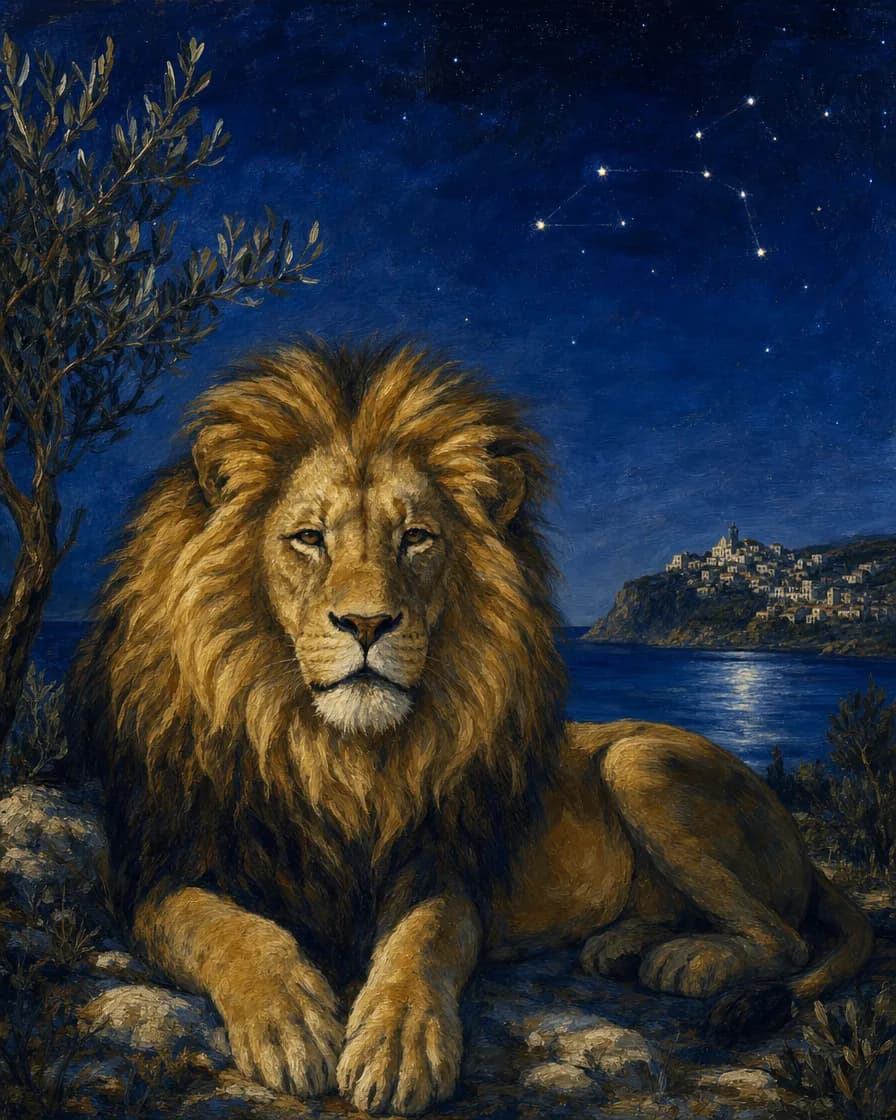 Un leone in riposo sotto il cielo notturno, la criniera aperta come un sole lento. Lontano, un paese su un promontorio; sopra, le stelle del Leone.