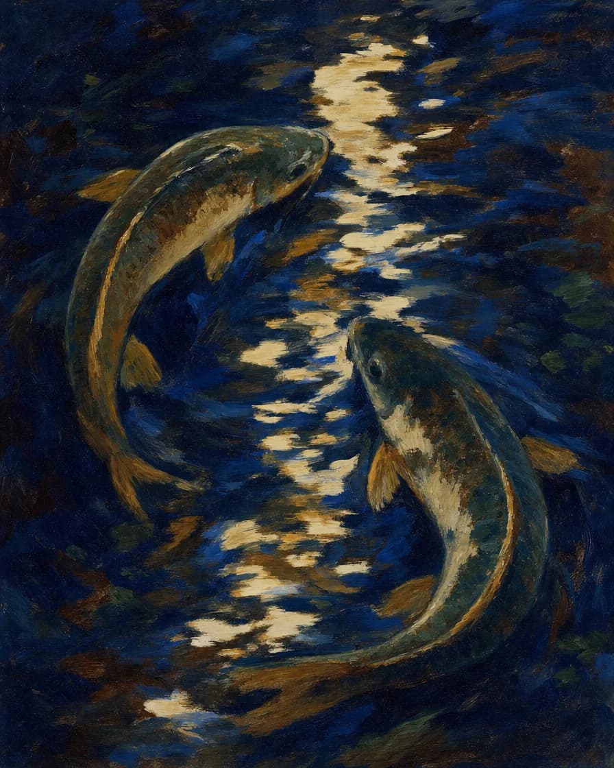 Due pesci che girano nell’acqua scura, visti da appena sopra la superficie, la luna spezzata sull’acqua fra loro.