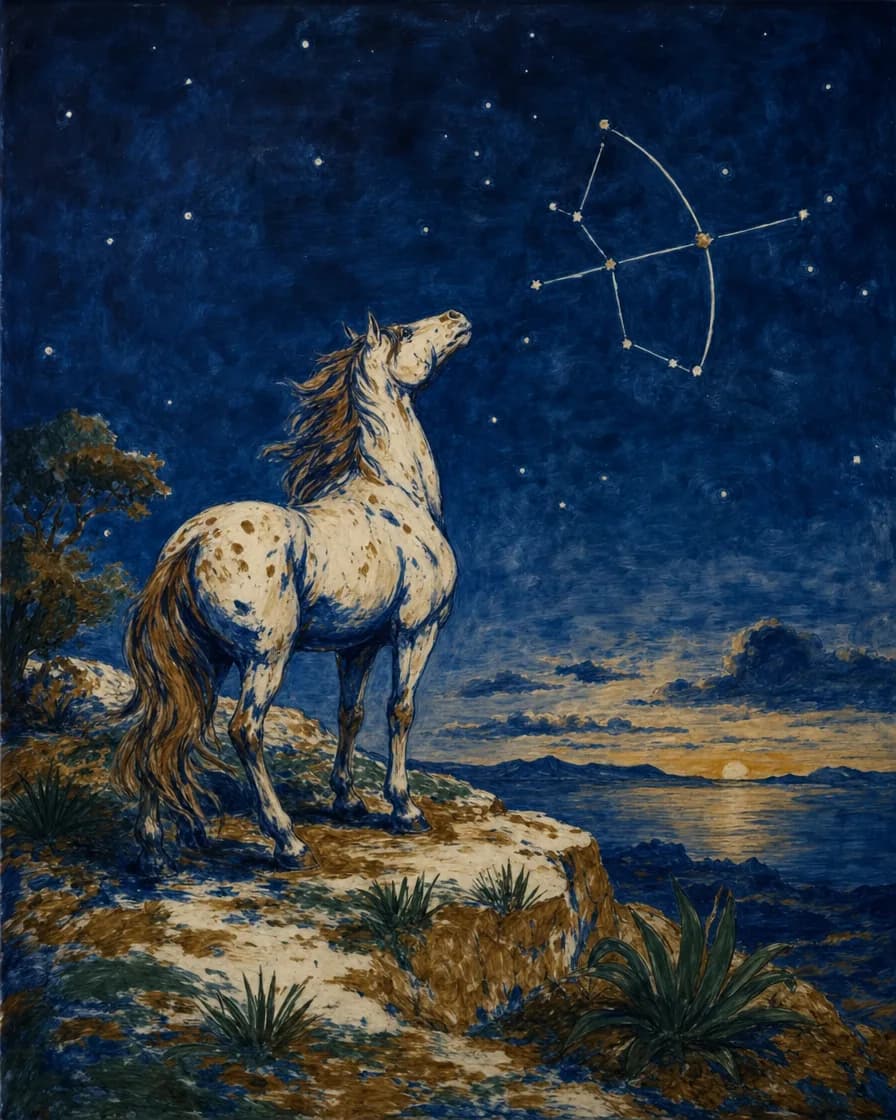 Un cavallo solo su un altopiano di notte, la testa alzata verso il cielo. Dietro, basse sull’orizzonte, le stelle del Sagittario nella forma di un arco.
