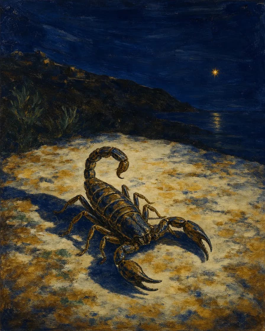 Uno scorpione su pietra chiara e tiepida, visto dall’alto, l’ombra lunga. In fondo un versante scuro e una stella ambrata bassa.