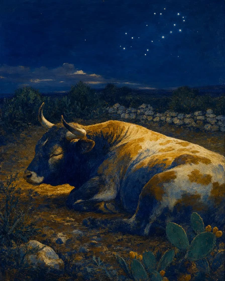 Un toro sdraiato in un campo di notte, visto da vicino di fianco. Sopra la siepe, basse, le Pleiadi.