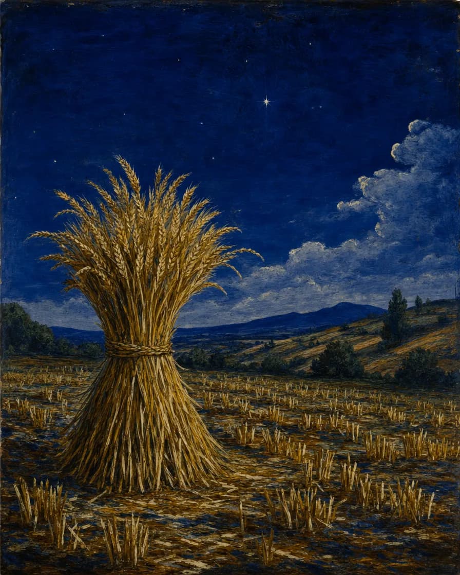 Un covone di grano legato, in piedi in un campo mietuto di notte. Sopra, luminosa, la stella Spica.