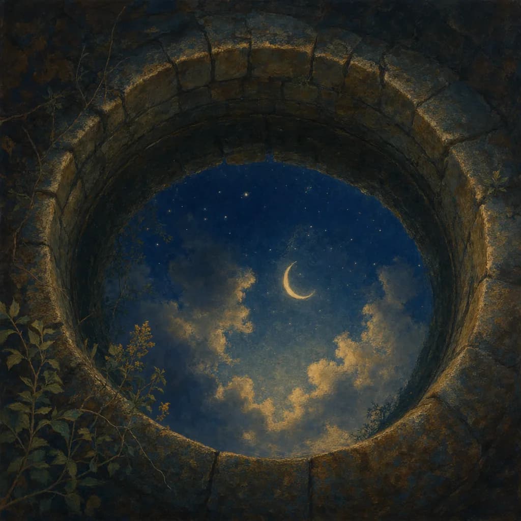 La bocca aperta di un pozzo di pietra, di notte: l’acqua dentro tiene un cerchio perfetto di cielo.