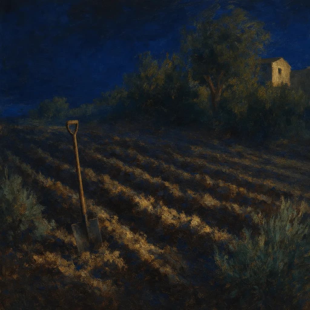 Terra rivoltata in un campo di notte, scura e fresca, una vanga lasciata in piedi, i solchi pieni d’ombra.