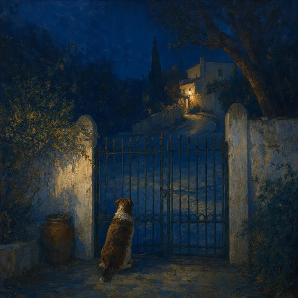Un cane seduto fermo davanti a un cancello di ferro chiuso, di notte, rivolto alla strada. Lontano, la luce di una casa.