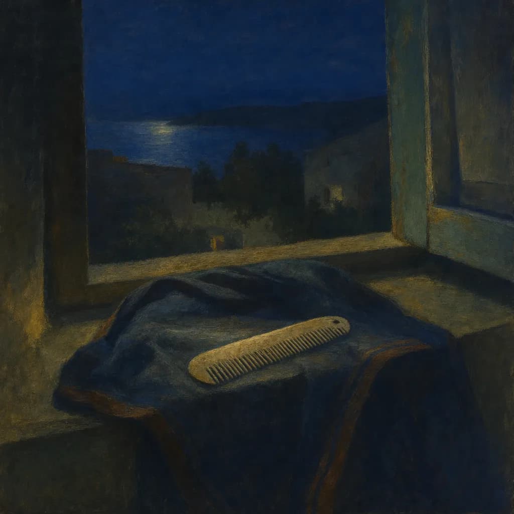 Un pettine d’osso lasciato sul davanzale di notte, sotto un panno di lino scuro, la finestra aperta sulla notte.
