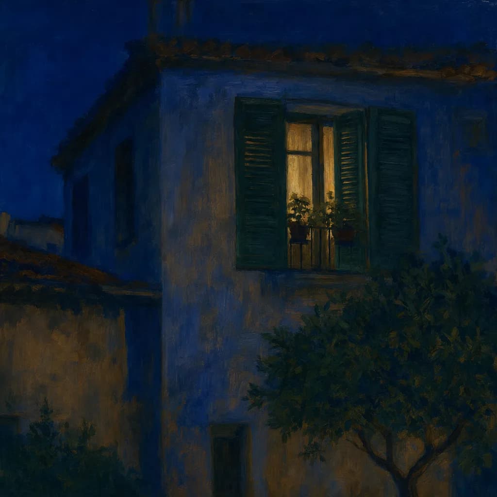 Una sola finestra accesa nella facciata scura di una casa, vista dalla strada di notte, le persiane socchiuse.