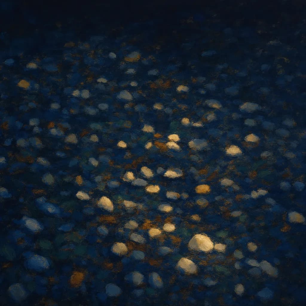 Sassolini bianchi sparsi su terra scura di notte, alcuni presi dalla luce, gli altri persi nell’ombra.