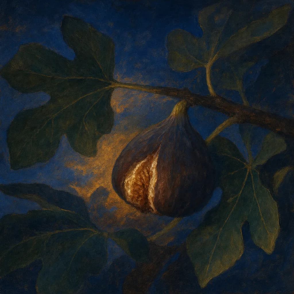 Un fico sul ramo di notte, gonfio e sul punto di aprirsi, le foglie intorno scure.