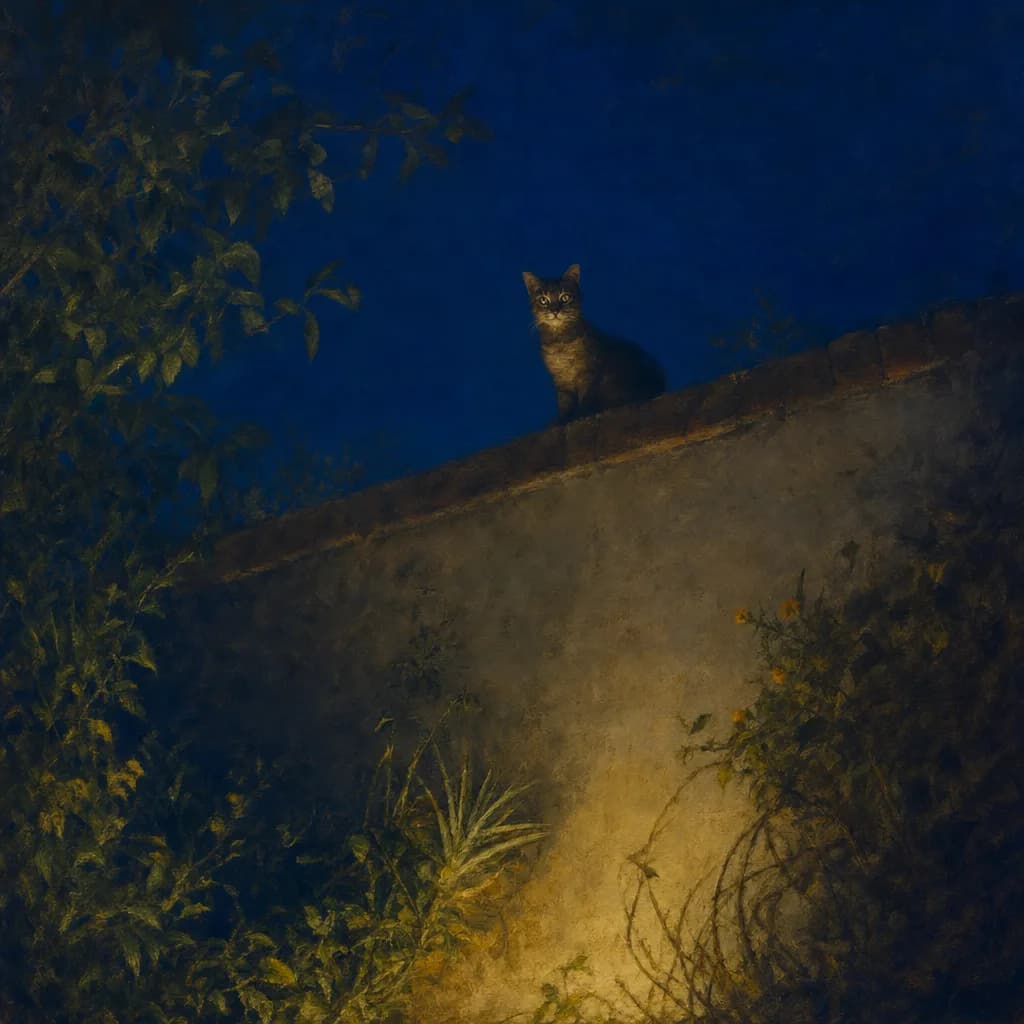 Un gatto in cima a un muro di giardino di notte, visto dal basso, gli occhi che prendono una luce fuori dall’inquadratura.