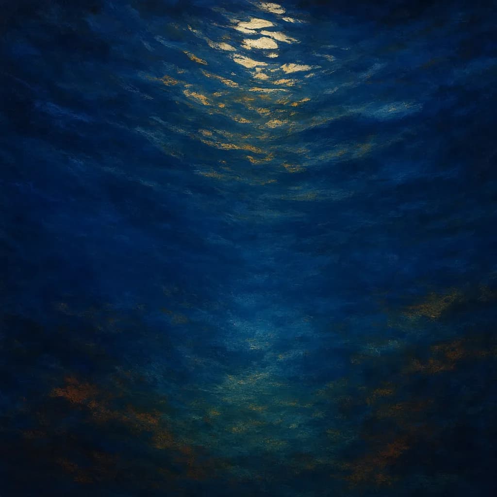 Il mare di notte visto da appena sotto la superficie, guardando in su: la luna spezzata sopra l’acqua.