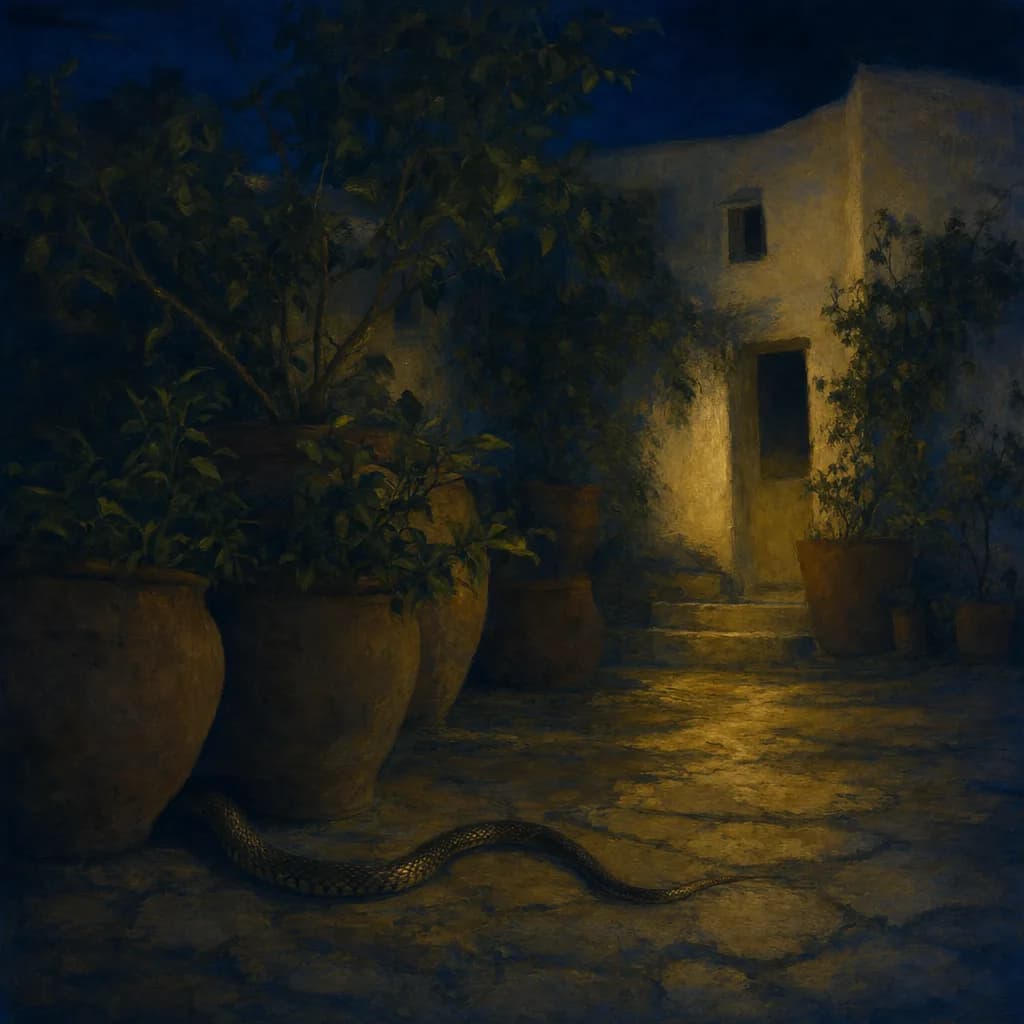 Un serpente che passa fra vasi di terracotta in un cortile di notte, meta’ del corpo gia’ nell’ombra sotto il vaso piu’ basso.
